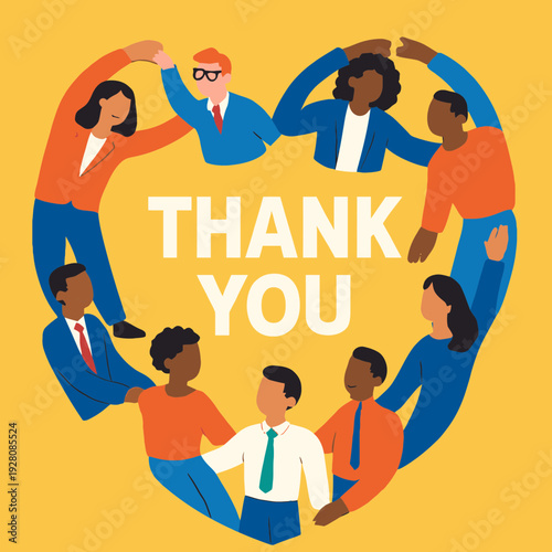 Flat vector illustration of diverse employees forming a heart shape with their bodies, thank-you text in center