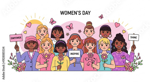 Diverse group of women celebrating women's day with flowers and signs