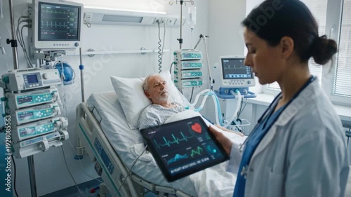 A cardiologist intently monitors a patient's heart activity in real-time, utilizing cutting-edge medical technology and AI-driven insights for accurate observation