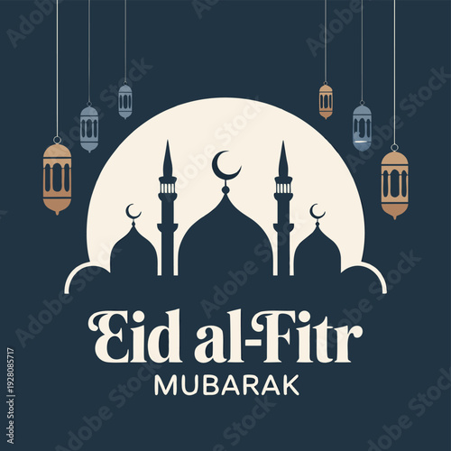 Eid al fitr mubarak greeting with a crescent moon mosque silhouette and hanging lanterns high quality