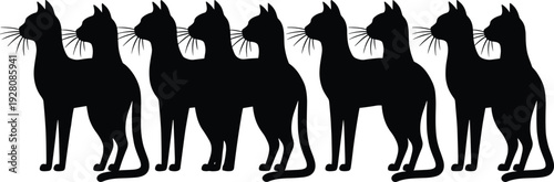 Black cat silhouettes repeating in a seamless minimalist pattern on a white background, ideal for elegant feline wallpaper, textile prints, and modern animal graphic design.