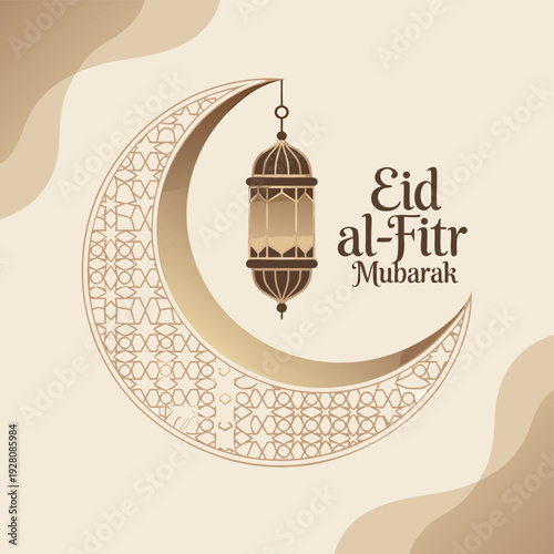An eid al fitr mubarak greeting featuring a crescent moon lantern and islamic geometric patterns