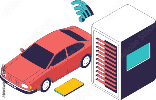Isometric autonomous toll gate scanning vehicle line art vector illustration smart highway payment technology concept