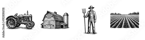Vintage engraving style illustration set of agricultural elements including a classic tractor, barn with silo, farmer holding pitchfork, and cultivated field.