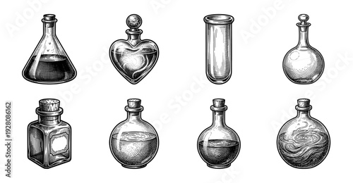 Vintage engraving collection of alchemy glass bottles and magic potion vials in hand drawn woodcut style