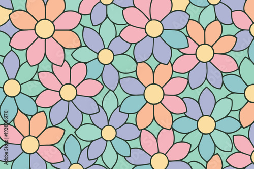 A vibrant floral pattern with colorful petals and green background