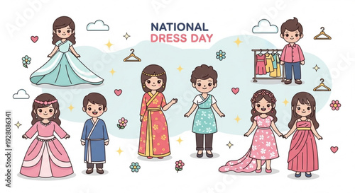 National dress day celebration with diverse group of children wearing traditional attire and dresses in various colors and styles