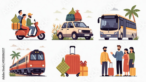 Flat Illustration Set of Eid Al-Fitr Mudik Transportation and Family