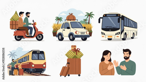 Eid Homecoming Transportation Icons Set in Flat Vector Style