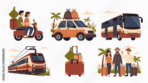 Eid Homecoming Transportation Icons Set in Flat Vector Style