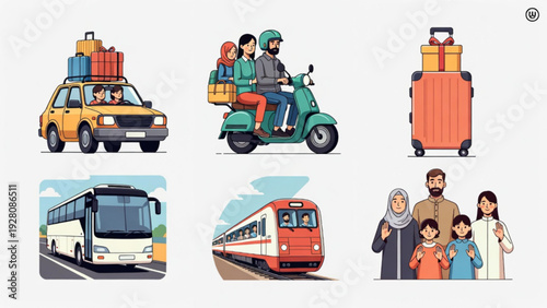 Flat Illustration Set of Eid Al-Fitr Mudik Transportation and Family