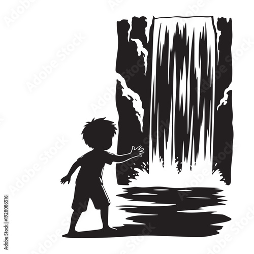 Child Exploring Waterfall Silhouette Nature Adventure Vector