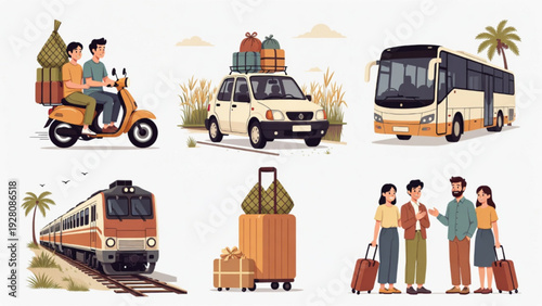 Muslim Family Eid Travel and Transportation Flat Icons Collection