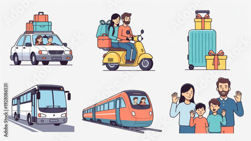 Flat Illustration Set of Eid Al-Fitr Mudik Transportation and Family