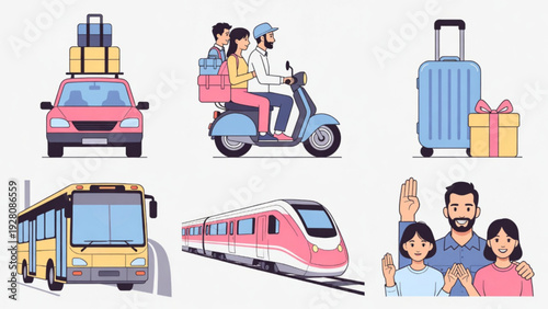 Muslim Family Eid Travel and Transportation Flat Icons Collection