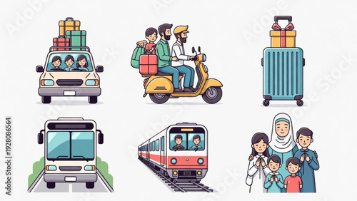 Muslim Family Eid Travel and Transportation Flat Icons Collection
