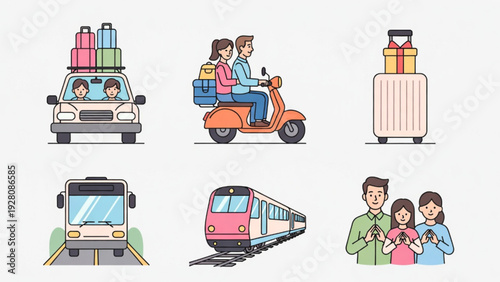 Muslim Family Eid Travel and Transportation Flat Icons Collection