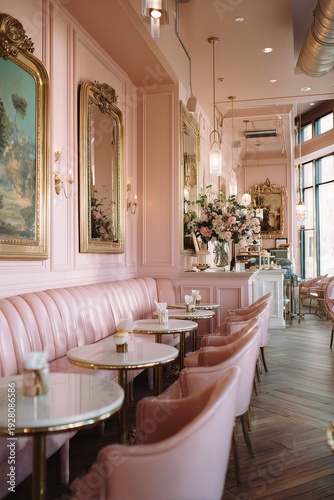 French cafe-inspired party decor with vintage mirrors and pastries. Soft warm palette and romantic lighting create intimate ambiance.