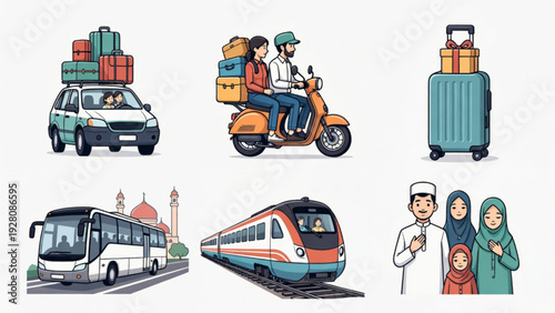 Eid Holiday Travel Elements with Car, Bus, Train and Motorcycle