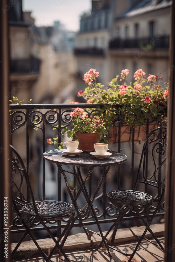 Fototapeta premium A narrow balcony with wrought iron railing holds a tiny round table set for two with coffee cups and potted geraniums. Rooftops stretch in soft blur beyond the rail in spring sunlight.