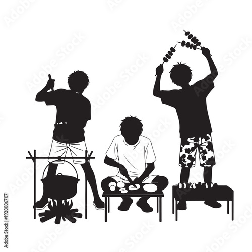 Friends Cooking Outdoors Silhouette Camping Food Preparation Vector