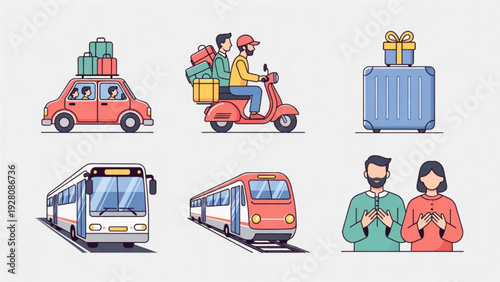 Eid Holiday Travel Elements with Car, Bus, Train and Motorcycle