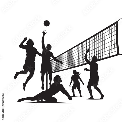 Beach Volleyball Players Silhouette Action Sport Vector Illustration