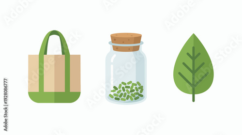 Flat design illustration of reusable tote bag, glass jar with green capsules and single leaf, concept for eco-friendly products, health supplements and organic marketing