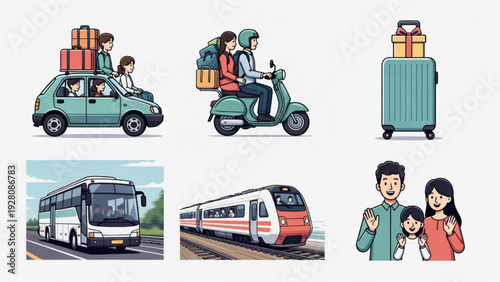 Eid Holiday Travel Elements with Car, Bus, Train and Motorcycle