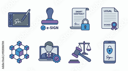 Set of icons illustrating digital contract signing, e-signature and blockchain technology concept for legal document management, corporate compliance and secure transactions