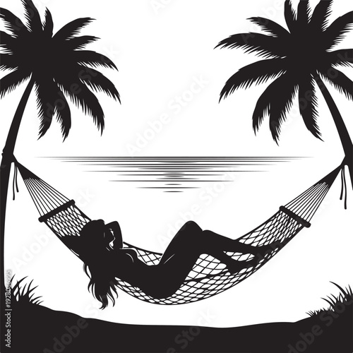 Woman Relaxing on Hammock Between Palm Trees Beach Sunset Silhouette Vector
