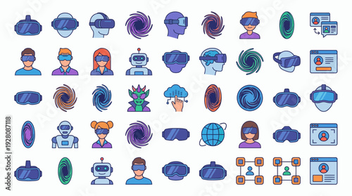 Seamless virtual reality headset and metaverse icons including avatars, robots and portals, concept for technology presentations, futuristic UI design and digital innovation marketing
