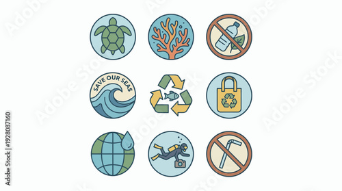 Set of conservation badges featuring sea turtle, coral and ocean wave icons, concept for environmental awareness campaign, eco-friendly product labeling and sustainable business graphics