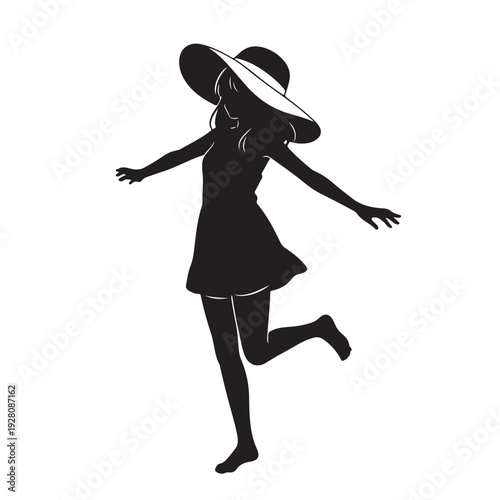 Happy Girl Wearing Sun Hat Dancing Summer Silhouette Vector Illustration