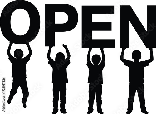 Four people holding up letters to spell open sign people holding letters black silhouettes