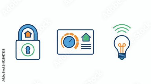 Set of smart home icons including security lock, thermostat control and wireless light bulb, concept for property management software, real estate technology and home automation services