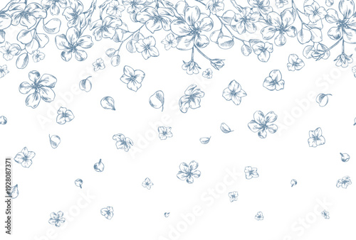 Apple blossoms, forget-me-nots, flowers, and flying leaves. Hand-drawn ink graphic line art illustration. Seamless wide floral border pattern in pastel colors for wedding and holiday decor and design.