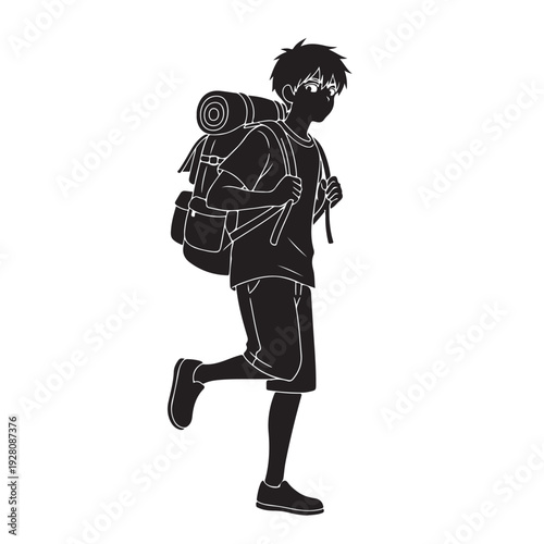 Anime Boy Traveler with Camping Backpack Silhouette Vector Illustration Hiking Adventure Character