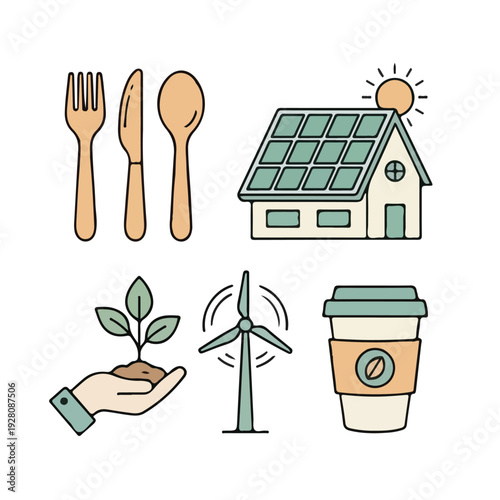 Sustainable lifestyle eco friendly flat vector icon collection