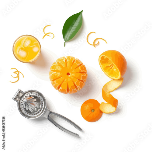 Fresh oranges and juicer on a white background