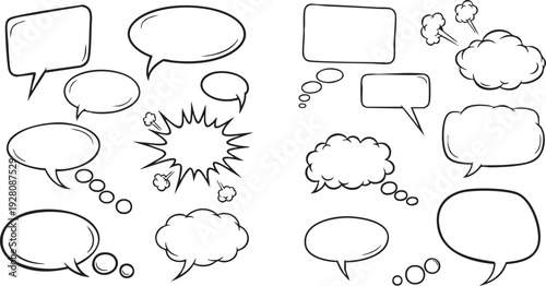 A collection of various comic book style speech bubbles and thought clouds in different shapes and sizes for creative writing and illustration