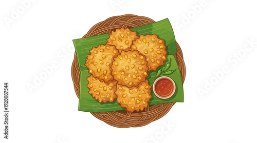 Golden Brown Bakwan Jagung Served on Woven Rattan Plate Vector Art