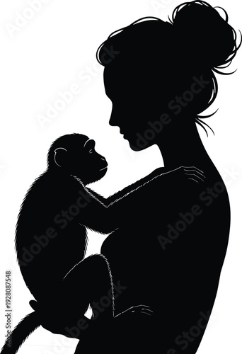 Black silhouette of a young woman with a messy bun hairstyle gently holding a small monkey or primate in a nurturing and loving embrace