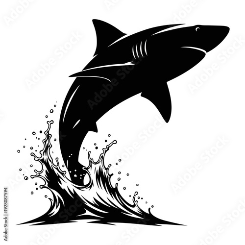 A black and white image of a shark jumping out of the water