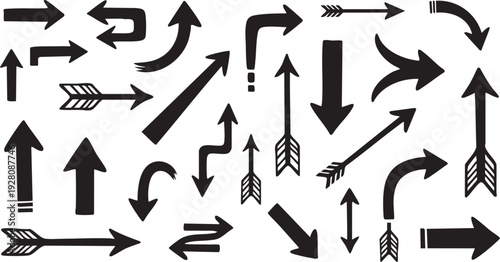 Collection of various black arrows on white background for directional indicators