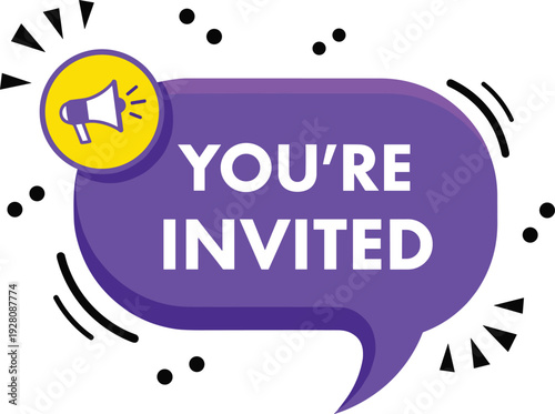 You are invited speech bubble with megaphone icon and decorative dots for event announcements and notices