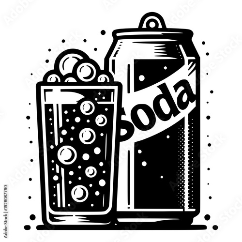 Soda Delight: A refreshing illustration of a soda can and a glass of soda with fizz bubbles, evoking a sense of refreshment and enjoyment.