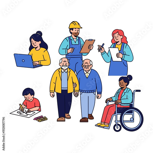 A diverse group of people with different abilities and professions