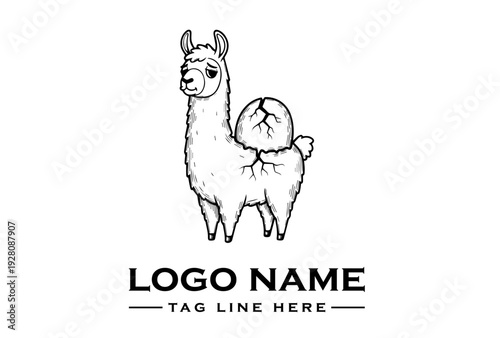 A vintage animal emblem featuring a hand-drawn llama with a tattoo-style design, serving as a cartoon animal logo or wildlife mascot on a clean white background with black lines.
