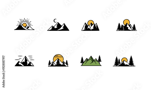 Collection of Mountain Illustrations with Sunrise and Sunset Elements in Various Styles and Compositions